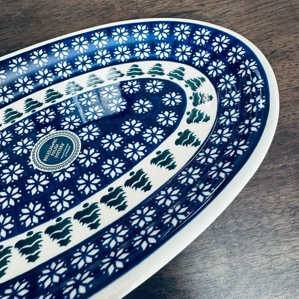 Boleslawiec Polish Pottery Christmas Tree Poinsettia Oval Serving Plate Dish